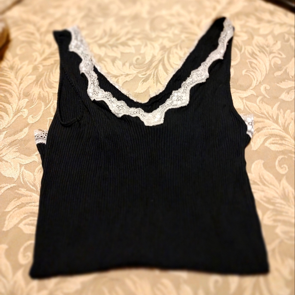 🐦⬛ Sweet Precious Merona Black Ribbed & Ivory Scalloped Lace Cami Tank Top - M - Picture 6 of 15